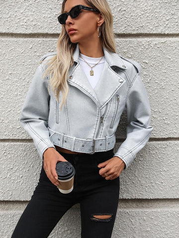 Sendinta pilkai mėlyna trumpa Eko odos striukė moterims - blue grey eco leather jacket