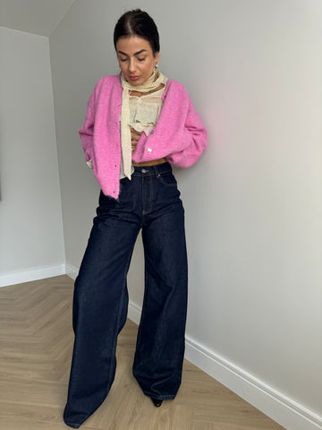 Tamsiai mėlyni platėjantys džinsai moterims - dark blue denim jeans for women
