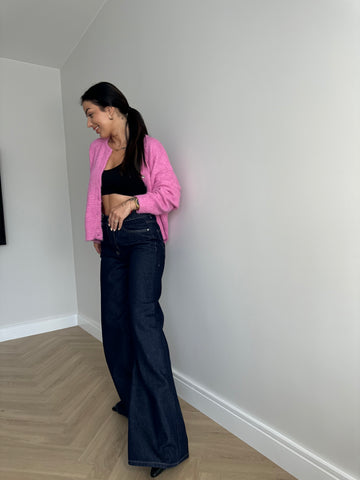 Tamsiai mėlyni platėjantys džinsai moterims - dark blue denim jeans for women