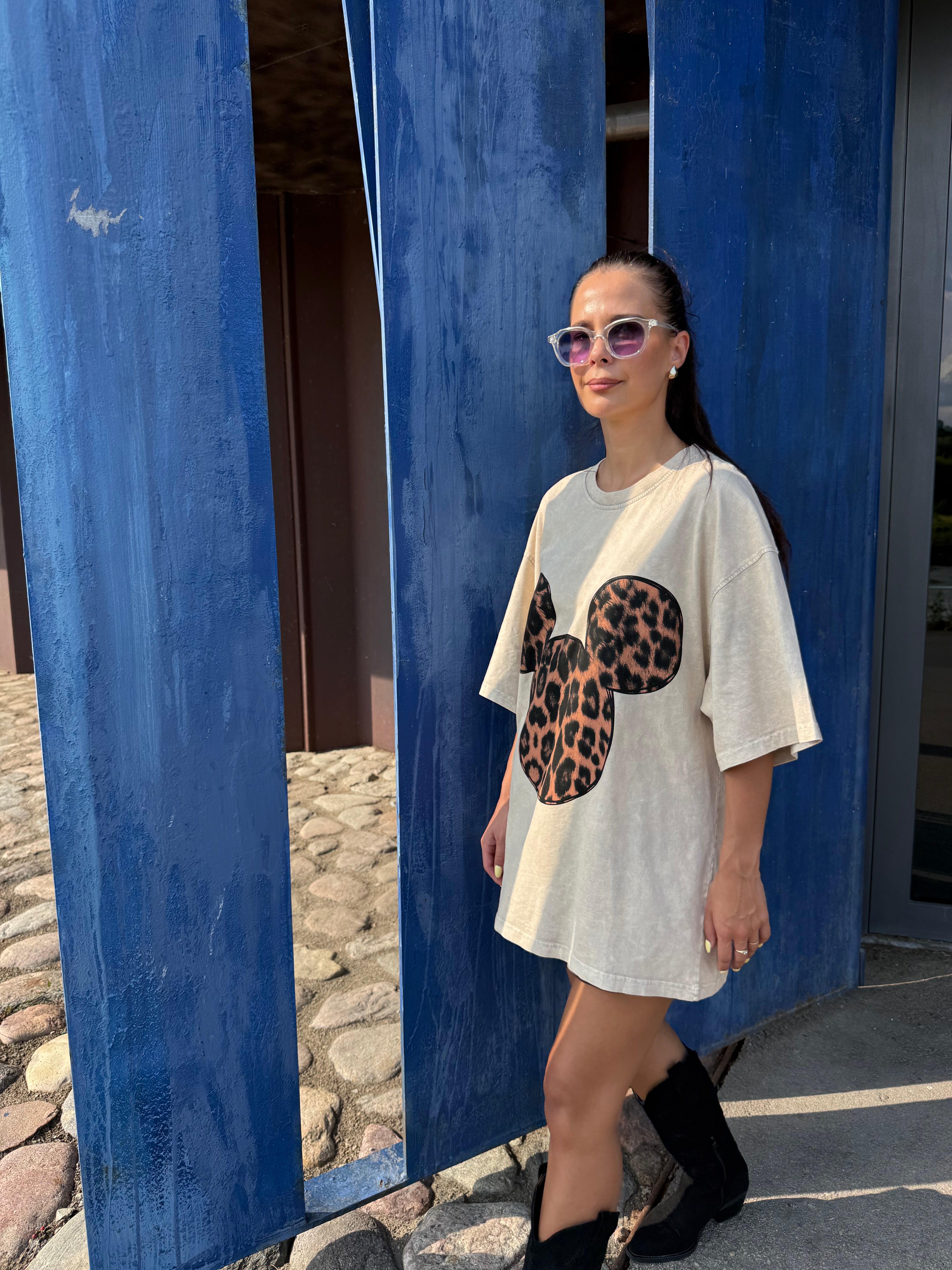 Oversized marškinėliai su leopardo rašto Mickey aplikacija - Jonyk