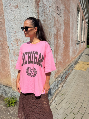 Rožiniai oversized „Michigan“ marškinėliai - Jonyk