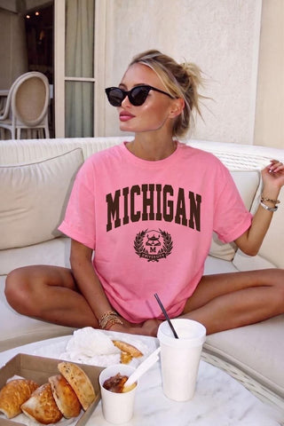 Rožiniai oversized „Michigan“ marškinėliai - Jonyk